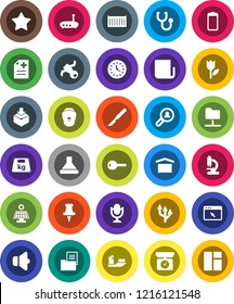 White Solid Icon Set- satellite vector, ship, sea container, clock, dry cargo, tulip, package, weight, newspaper, speaker, microphone, favorites, thumbtack, battery, scalpel, stethoscope, microscope