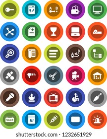 White Solid Icon Set- satellite vector, glass, warehouse, flammable, route, microphone, video camera, notebook pc, mail, jack, disabled, syringe, scissors, eye doctor hat, anamnesis, network, menu