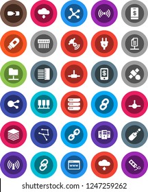 White Solid Icon Set- satellite vector, satellitie, social media, link, jack, connect, network, server, folder, big data, browser, hub, usb modem, cloud upload, download, chain, connection, document