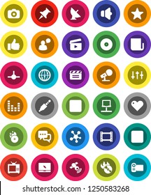 White Solid Icon Set- satellite antenna vector, cinema clap, film frame, disk, music hit, camera, microphone, satellitie, newspaper, speaker, settings, equalizer, internet, dialog, speaking man, tv