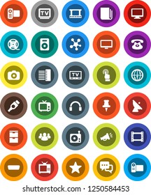 White Solid Icon Set- satellite antenna vector, film frame, spool, camera, radio, newspaper, tv, video, internet, touchscreen, dialog, headphones, monitor, classic phone, social media, speaker, hdmi