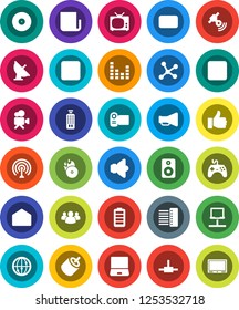 White Solid Icon Set- satellite antenna vector, disk, music hit, satellitie, newspaper, speaker, loudspeaker, gamepad, equalizer, video camera, remote control, internet, notebook pc, group, battery