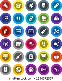 White Solid Icon Set- satellite vector, satellitie, social media, link, rca, jack, connection, network, server, folder, browser, hub, usb modem, document, disconnection, wireless, phone, tap pay