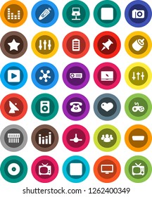 White Solid Icon Set- satellite antenna vector, disk, gamepad, settings, equalizer, remote control, monitor, notebook pc, classic phone, social media, speaker, group, favorites, heart, thumbtack, tv