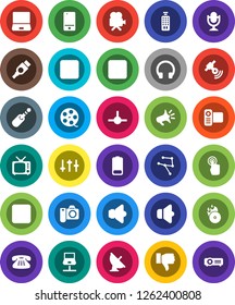 White Solid Icon Set- satellite antenna vector, film spool, music hit, satellitie, speaker, tv, settings, video camera, microphone, remote control, mobile phone, touchscreen, headphones, notebook pc