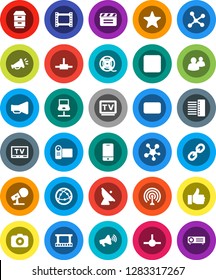 White Solid Icon Set- satellite antenna vector, cinema clap, film frame, spool, camera, microphone, loudspeaker, tv, internet, mobile phone, social media, link, group, finger up, favorites, mail