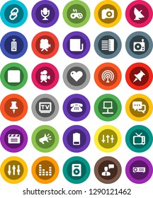 White Solid Icon Set- satellite antenna vector, cinema clap, camera, radio, newspaper, tv, gamepad, settings, equalizer, video, microphone, remote control, dialog, speaking man, classic phone, link