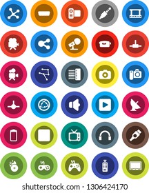 White Solid Icon Set- satellite antenna vector, film frame, music hit, camera, microphone, speaker, tv, gamepad, video, remote control, internet, headphones, battery, play button, rec, hdmi, jack