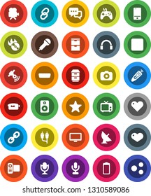 White Solid Icon Set- satellite antenna vector, music hit, camera, microphone, satellitie, tv, gamepad, video, remote control, mobile phone, dialog, headphones, monitor, link, speaker, favorites