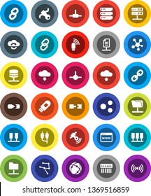 White Solid Icon Set- satellite vector, satellitie, social media, link, rca, connect, connection, network, server, folder, cloud exchange, big data, browser, hub, usb modem, share, upload, download