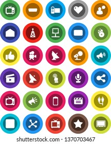 White Solid Icon Set- satellite antenna vector, cinema clap, music hit, microphone, loudspeaker, tv, video camera, touchscreen, speaking man, finger up, favorites, heart, battery, mail, pause button