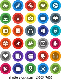 White Solid Icon Set- satellite antenna vector, cinema clap, film spool, camera, satellitie, newspaper, speaker, gamepad, equalizer, tv, video, remote control, headphones, link, group, heart, mail
