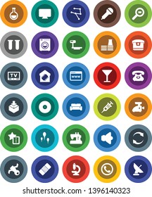 White Solid Icon Set- satellite vector, phone, glass, package, big scales, cargo search, disk, microphone, speaker, tv, flask, vial, syringe, patch, microscope, sperm, network, browser, favorites