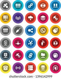White Solid Icon Set- satellite vector, satellitie, social media, link, rca, jack, connect, connection, server, disconnection, network folder, big data, hub, usb modem, share, cloud upload, chain