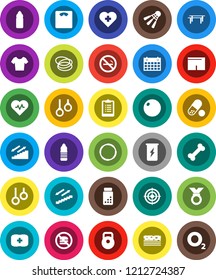 White Solid Icon Set- scales vector, heart pulse, clipboard, pills vial, weight, horizontal bar, fitball, shorts, t shirt, target, medal, enegry drink, water bottle, calendar, stairways run, breads