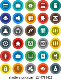 White Solid Icon Set- scales vector, mixer, case, world, annual report, clock, man, calendar, satellite, speaker, settings, tv, video camera, hdmi, cloud lock, cushioned furniture, star, fridge