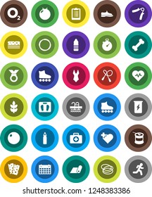 White Solid Icon Set- scales vector, heart pulse, stopwatch, clipboard, jump rope, hand trainer, punching bag, fitball, snickers, swimsuite, roller Skates, medal, sports nutrition, enegry drink, run