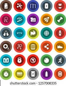 White Solid Icon Set- scales vector, stopwatch, clipboard, pills vial, weight, jump rope, horizontal bar, fitball, muscule hand, snickers, boxing glove, swimsuite, skateboard, target, enegry drink