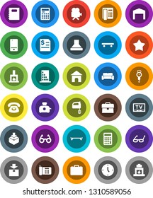 White Solid Icon Set- scales vector, mixer, copybook, glasses, calculator, case, annual report, clock, skateboard, package, tv, video camera, mobile phone, barn, cushioned furniture, fireplace, star