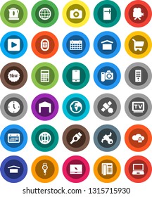 White Solid Icon Set- scales vector, calculator, clock, calendar, stadium, earth, satellite, dry cargo, camera, tv, video, mobile phone, notebook pc, play button, hdmi, cloud lock, globe, barn, new