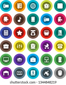 White Solid Icon Set- scales vector, case, calculator, music, annual report, satellite, settings, tv, video camera, internet, mobile phone, stop button, notebook network, barn, building, star, mouse