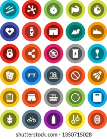 White Solid Icon Set- scales vector, stopwatch, clipboard, bike, weight, horizontal bar, punching bag, muscule hand, snickers, shorts, enegry drink, molecule, heart monitor, water bottle, cereals