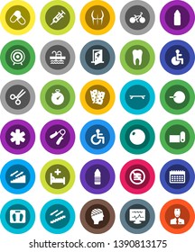 White Solid Icon Set- scales vector, stopwatch, bike, hand trainer, fitball, buttocks, skateboard, target, pills, water bottle, calendar, stairways run, fitness mat, breads, pool, no fastfood, tooth