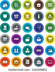 White Solid Icon Set- schedule vector, cart, manager, investment, presentation board, personal information, tie, stairways run, office, client, top sign, warehouse, network, folder, hub, hierarchy