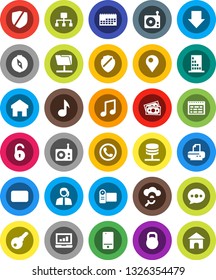 White Solid Icon Set- schedule vector, compass, music, laptop graph, arrow down, money, support, calendar, protected, weight, radio, mobile phone, mail, network folder, server, cloud glass, shield