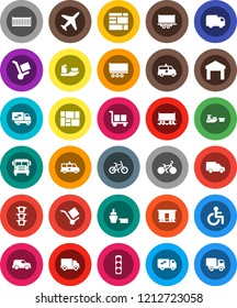 White Solid Icon Set- school bus vector, bike, Railway carriage, plane, traffic light, ship, truck trailer, sea container, delivery, car, port, consolidated cargo, warehouse, disabled, amkbulance