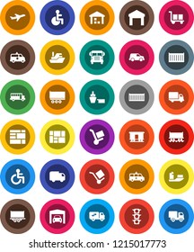 White Solid Icon Set- school bus vector, Railway carriage, plane, traffic light, ship, truck trailer, sea container, delivery, car, port, consolidated cargo, warehouse, disabled, amkbulance, garage