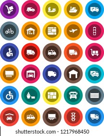 White Solid Icon Set- school bus vector, bike, plane, traffic light, ship, truck trailer, sea container, delivery, car, port, consolidated cargo, warehouse, disabled, amkbulance, garage, relocation