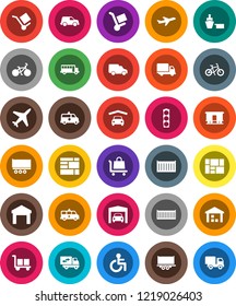 White Solid Icon Set- school bus vector, bike, plane, traffic light, truck trailer, sea container, delivery, car, port, consolidated cargo, warehouse, Railway carriage, disabled, amkbulance, garage