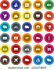 White Solid Icon Set- school bus vector, bike, Railway carriage, plane, traffic light, ship, truck trailer, sea container, delivery, car, consolidated cargo, warehouse, disabled, amkbulance, trolley