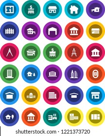 White Solid Icon Set- school building vector, drawing compass, university, bank, stadium, dry cargo, hospital, home, cottage, chalet, barn, fence, plan, apartments, office, store, mall, window
