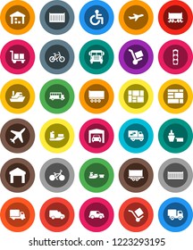 White Solid Icon Set- school bus vector, bike, Railway carriage, plane, traffic light, ship, truck trailer, sea container, delivery, car, port, consolidated cargo, warehouse, disabled, garage