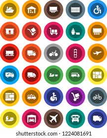 White Solid Icon Set- school bus vector, bike, Railway carriage, plane, traffic light, ship, truck trailer, sea container, delivery, port, consolidated cargo, warehouse, disabled, amkbulance car