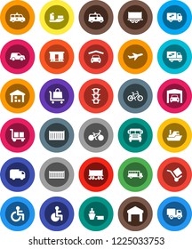 White Solid Icon Set- school bus vector, bike, Railway carriage, plane, traffic light, ship, truck trailer, sea container, car, port, cargo, warehouse, disabled, amkbulance, garage, relocation