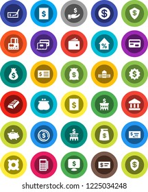 White Solid Icon Set- school building vector, bank, dollar coin, gold ingot, credit card, wallet, percent growth, money bag, piggy, investment, check, receipt, medal, monitor, any currency, reader