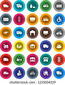 White Solid Icon Set- school bus vector, bike, plane, traffic light, ship, truck trailer, sea container, delivery, car, port, cargo, warehouse, disabled, amkbulance, garage, relocation, trolley