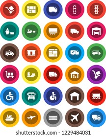White Solid Icon Set- school bus vector, Railway carriage, plane, traffic light, ship, truck trailer, sea container, delivery, car, port, consolidated cargo, warehouse, disabled, amkbulance, garage