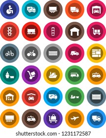 White Solid Icon Set- school bus vector, bike, Railway carriage, plane, traffic light, ship, truck trailer, sea container, delivery, car, port, consolidated cargo, warehouse, disabled, amkbulance