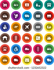 White Solid Icon Set- school bus vector, Railway carriage, plane, traffic light, ship, sea container, delivery, car, port, consolidated cargo, warehouse, disabled, amkbulance, garage, trolley