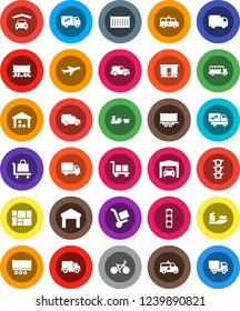 White Solid Icon Set- school bus vector, bike, Railway carriage, plane, traffic light, ship, truck trailer, sea container, delivery, car, port, consolidated cargo, warehouse, amkbulance, garage
