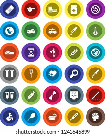 White Solid Icon Set- school building vector, disabled, heart pulse, thermometer, vial, magnifier, pregnancy, syringe, dropper, crutches, scalpel, broken bone, sand clock, patch, pills, bottle
