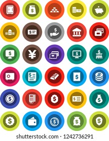 White Solid Icon Set- school building vector, bank, dollar coin, gold ingot, credit card, money bag, piggy, investment, receipt, medal, shield, safe, monitor, yen sign, wallet, reader, check
