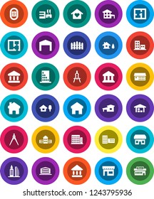 White Solid Icon Set- school building vector, drawing compass, university, bank, stadium, hospital, home, cottage, chalet, barn, fence, plan, apartments, office, love, store, mall