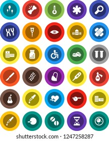 White Solid Icon Set- school building vector, ambulance star, disabled, heart pulse, thermometer, flask, vial, eye, magnifier, insemination, dropper, crutches, scalpel, broken bone, sand clock