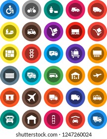 White Solid Icon Set- school bus vector, bike, Railway carriage, plane, traffic light, ship, truck trailer, sea container, delivery, car, port, consolidated cargo, warehouse, disabled, amkbulance