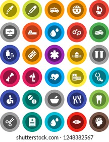 White Solid Icon Set- school building vector, ambulance star, disabled, heart pulse, thermometer, vial, eye, gender sign, dropper, scissors, broken bone, stethoscope, pills, blister, mortar, potion